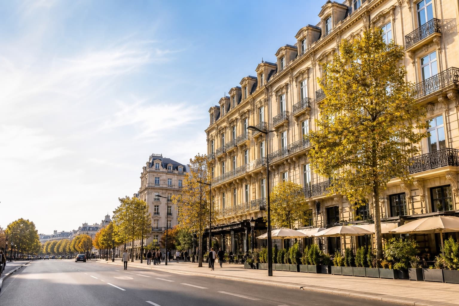 Parisian boulevard lined with Haussmann architecture